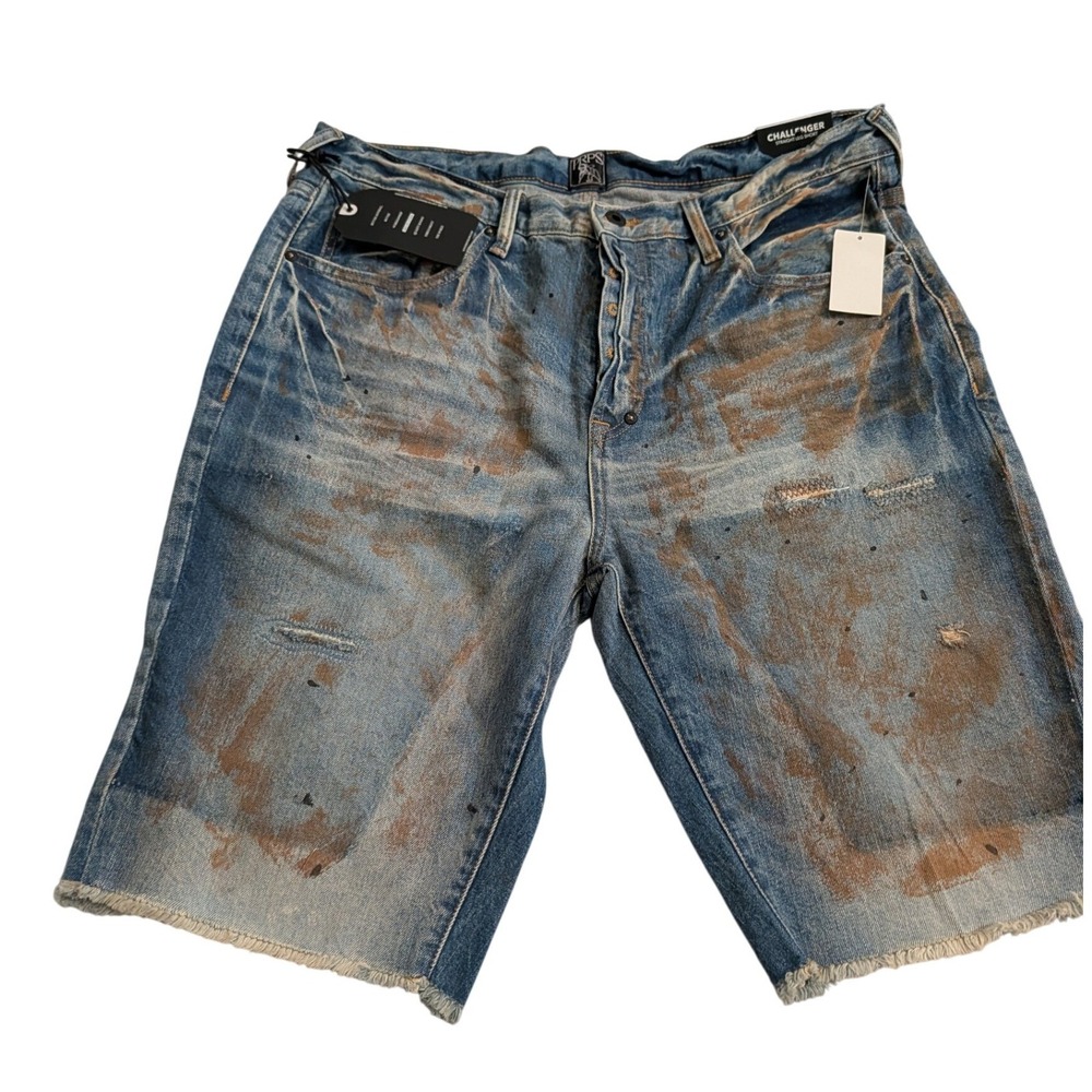 PRPS Challenger Mens 36 Indigo Distressed Paint Splatter Denim Shorts  NEW
